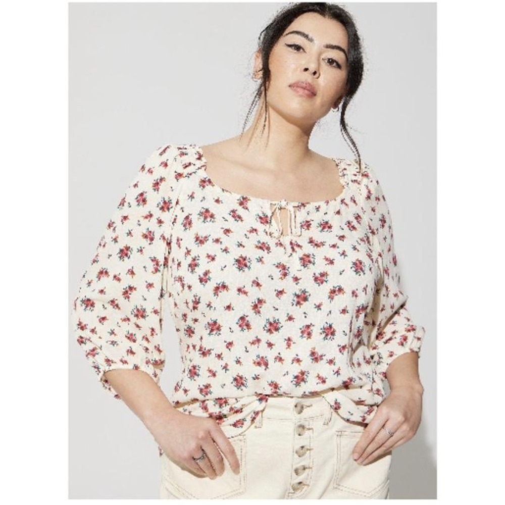 Torrid Rose Floral‎ Smocked Square Neck Peasant Blouse Top 3X Ivory Cottagecore